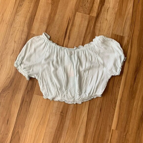 Kiwi Punch Mint Green Short Sleeve Crop Blouse Ruffle Crochet Size Large NWT - Picture 2 of 8